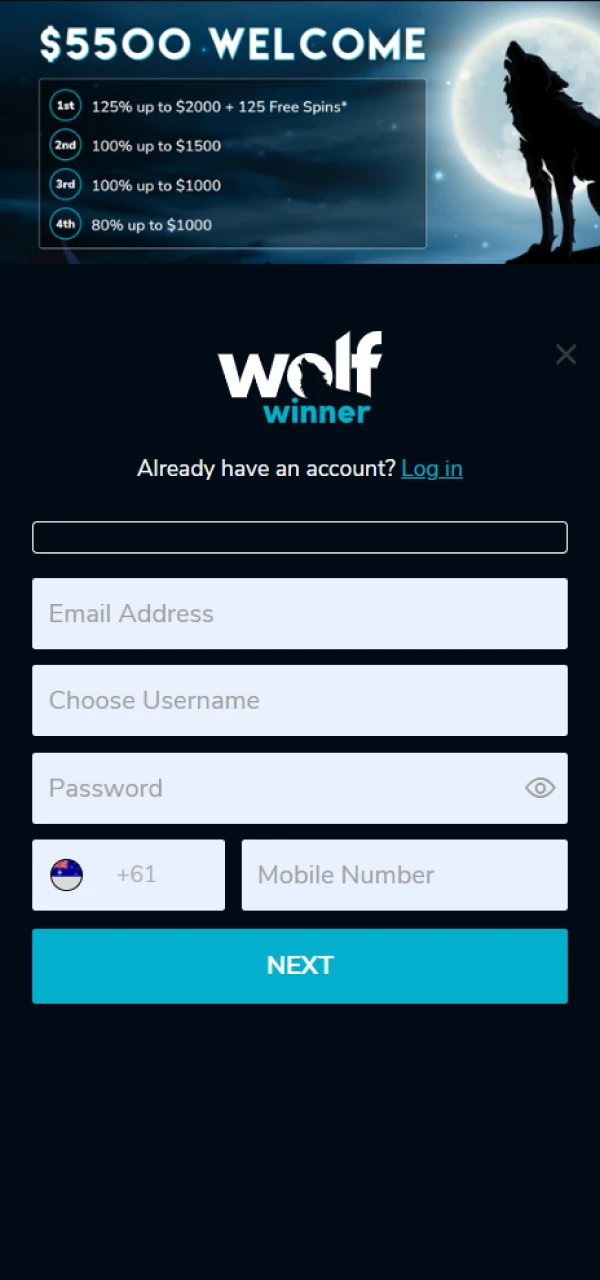 Create a Wolf Winner account to play games.