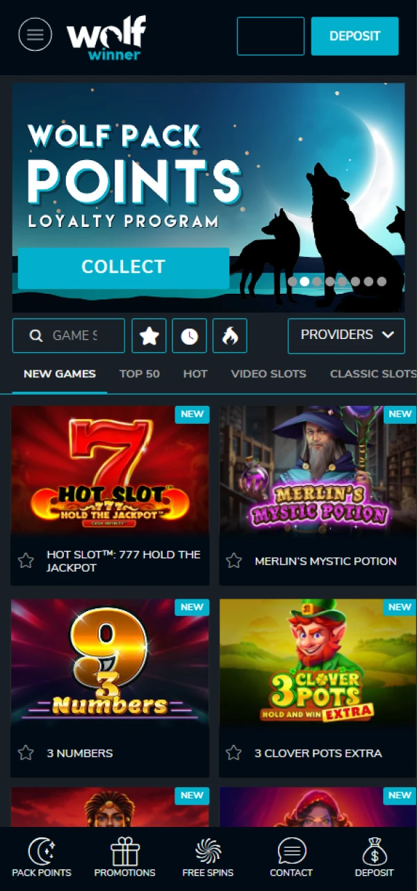 Open the games section of the Wolf Winner website.