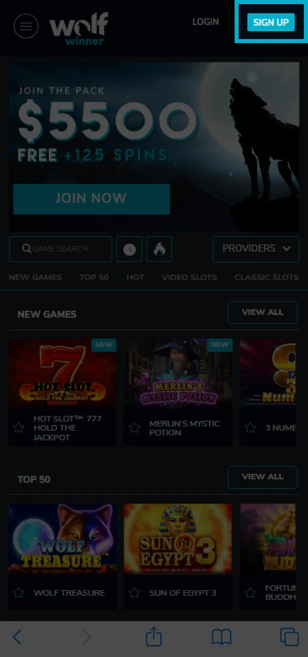 Find the registration button on the Wolf Winner platform.