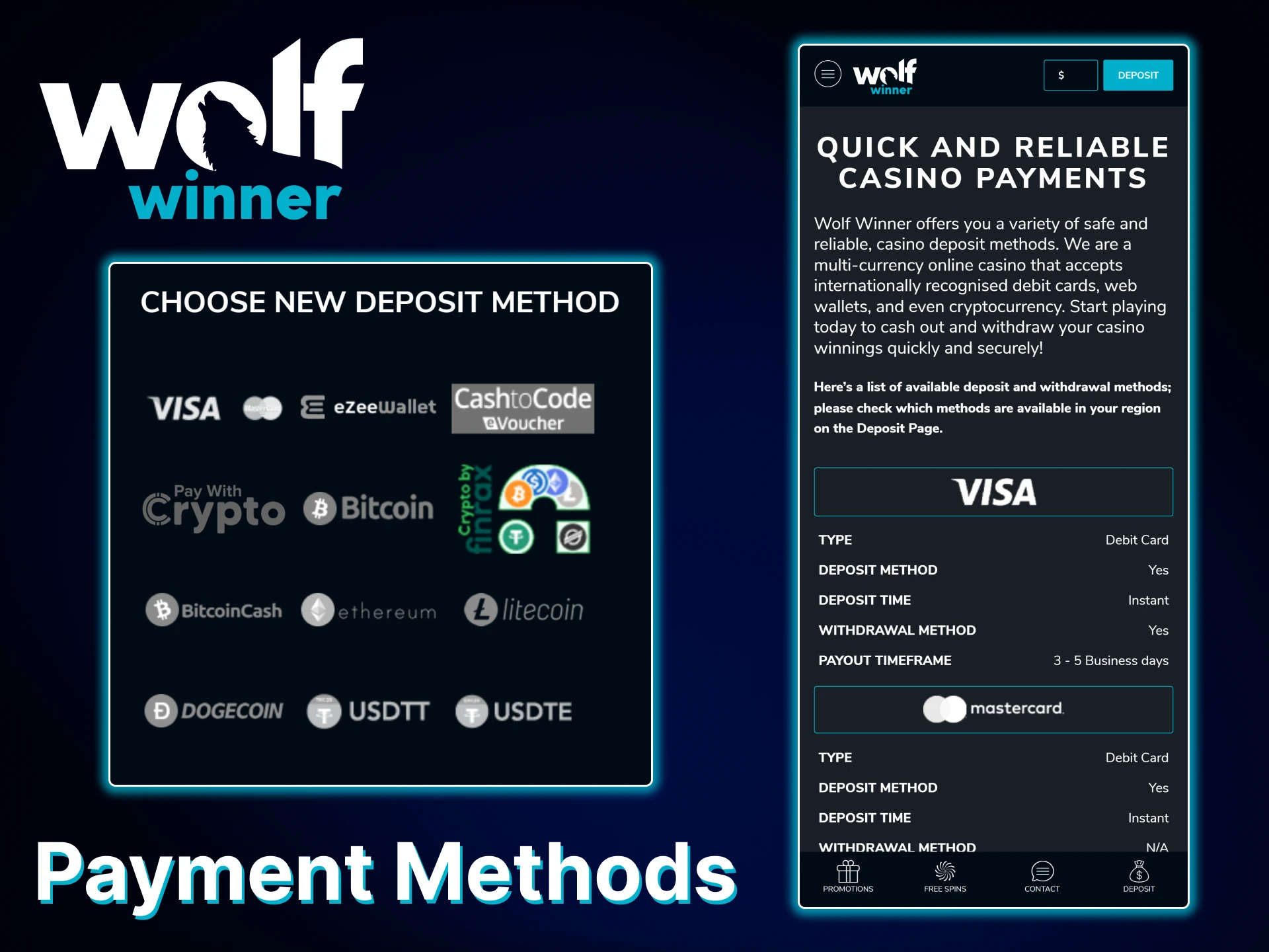 Check out the available payment methods in the Wolf Winner app.