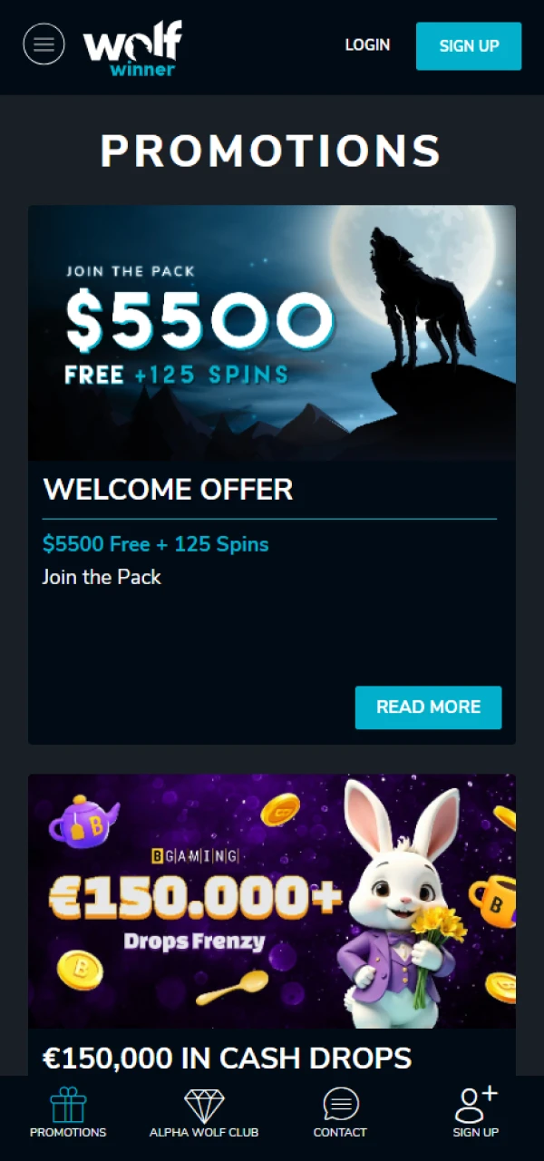Sign up at Wolf Winner and get welcome bonuses and other rewards.