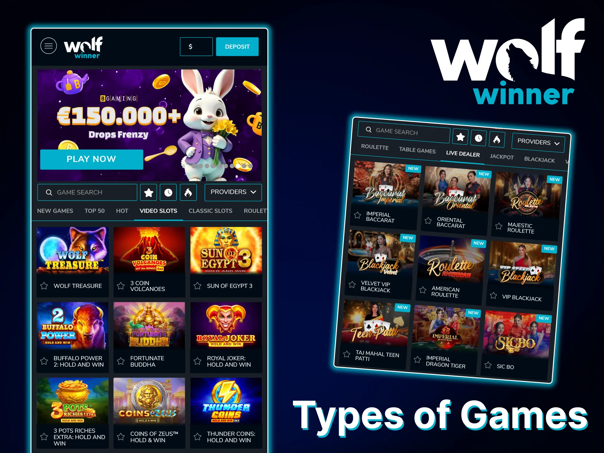 In the mobile version of Wolf Winner, you can find a wide selection of casino games.