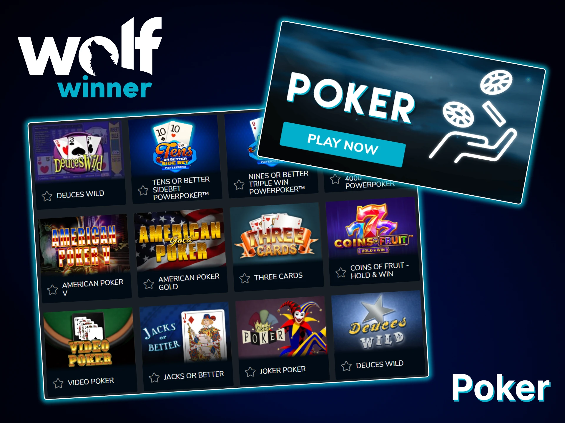 Poker games are featured at Wolf Winner casino.