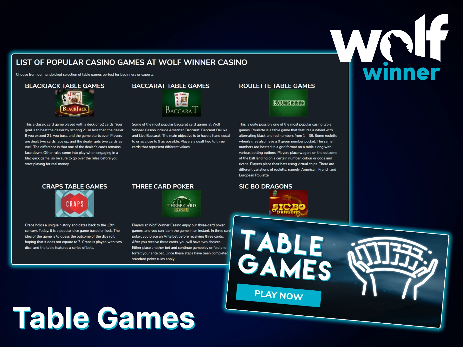 Discover popular table games available at Wolf Winner casino.