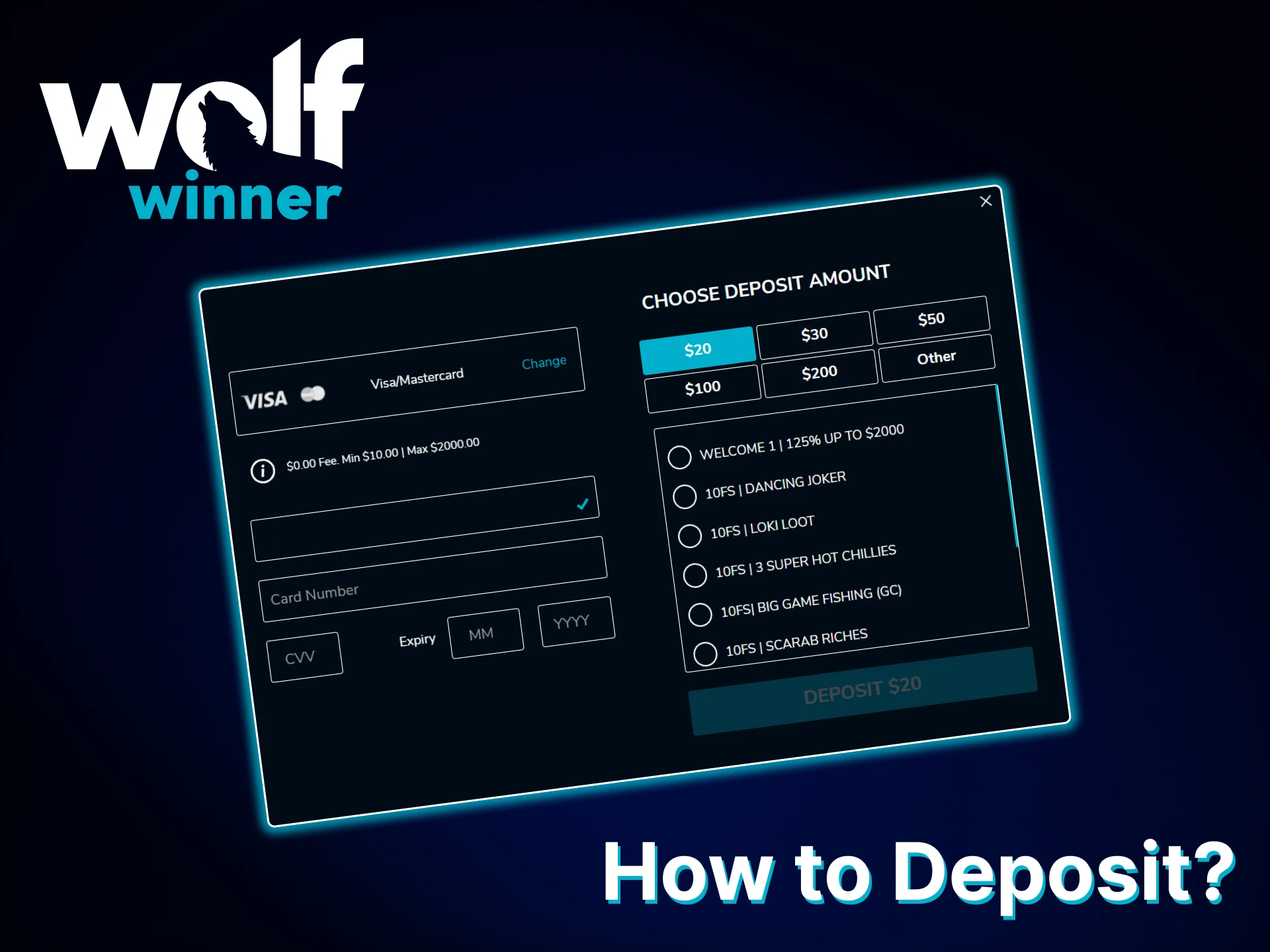 Select a payment method and deposit funds into your Wolf Winner account.