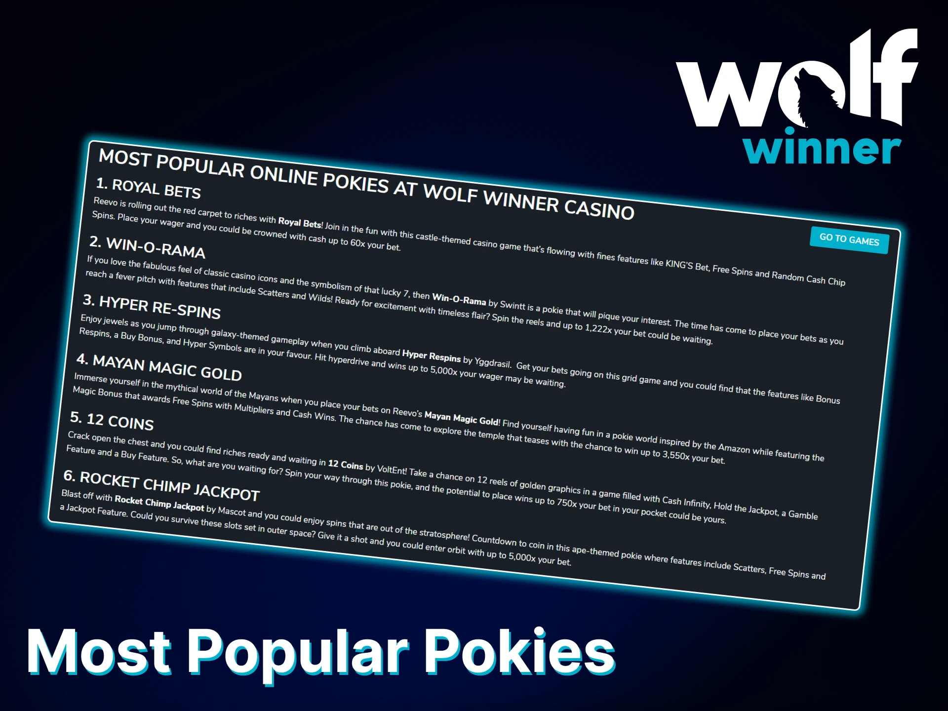 Wolf Winner casino offers players a wide variety of Pokies.