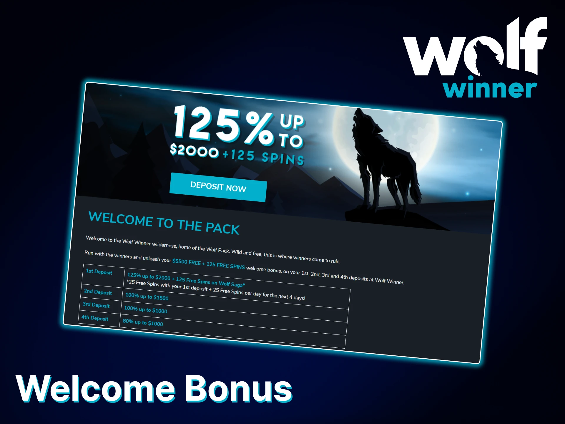Receive a welcome bonus and free spins for Pokies at Wolf Winner.