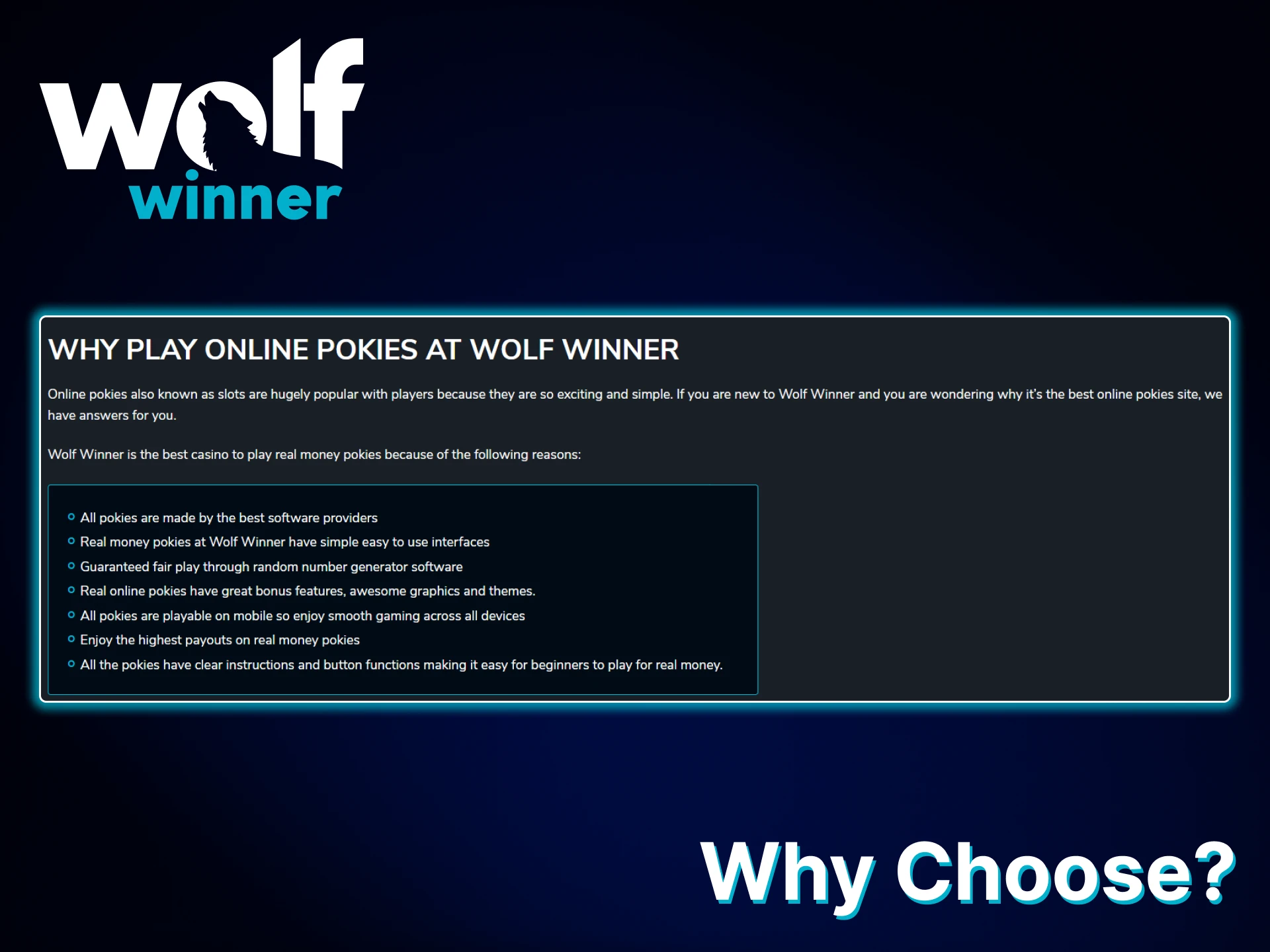 Learn why players choose Pokies at Wolf Winner.