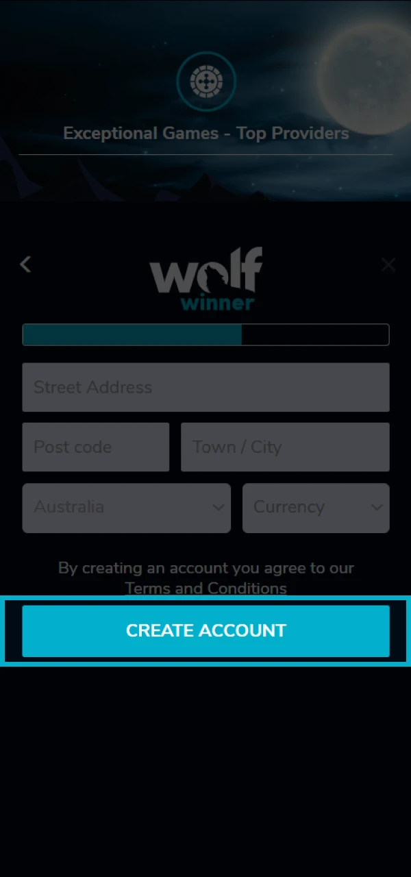 Complete the registration process on the Wolf Winner platform.
