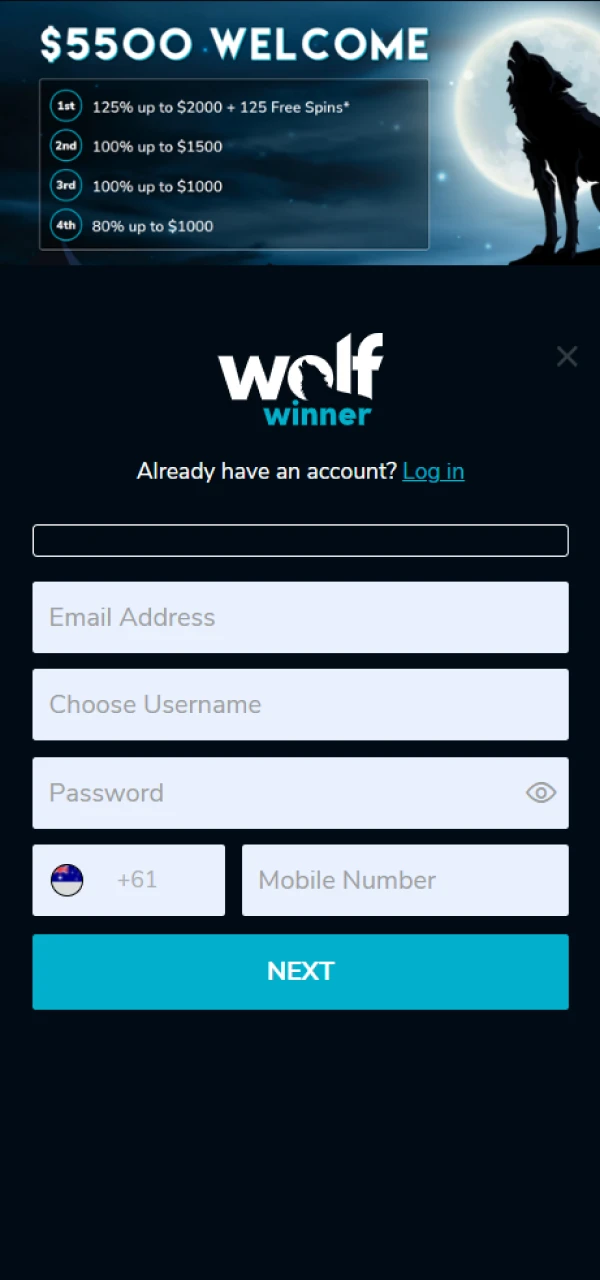 Enter your e-mail, username, password and phone number to continue your Wolf Winner registration.