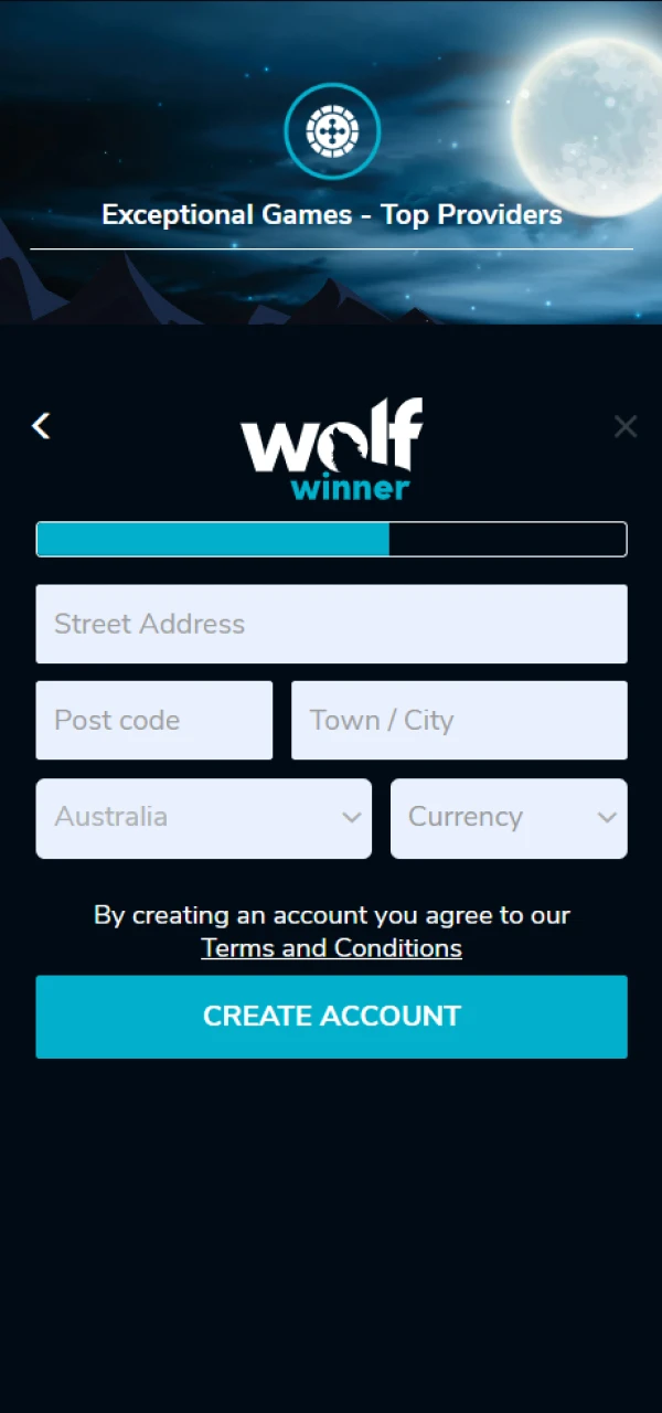 Enter your address and select your currency on the Wolf Winner website.