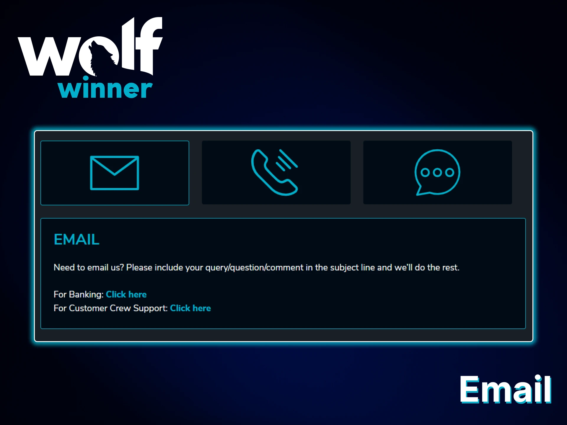 Contact Wolf Winner support via email.